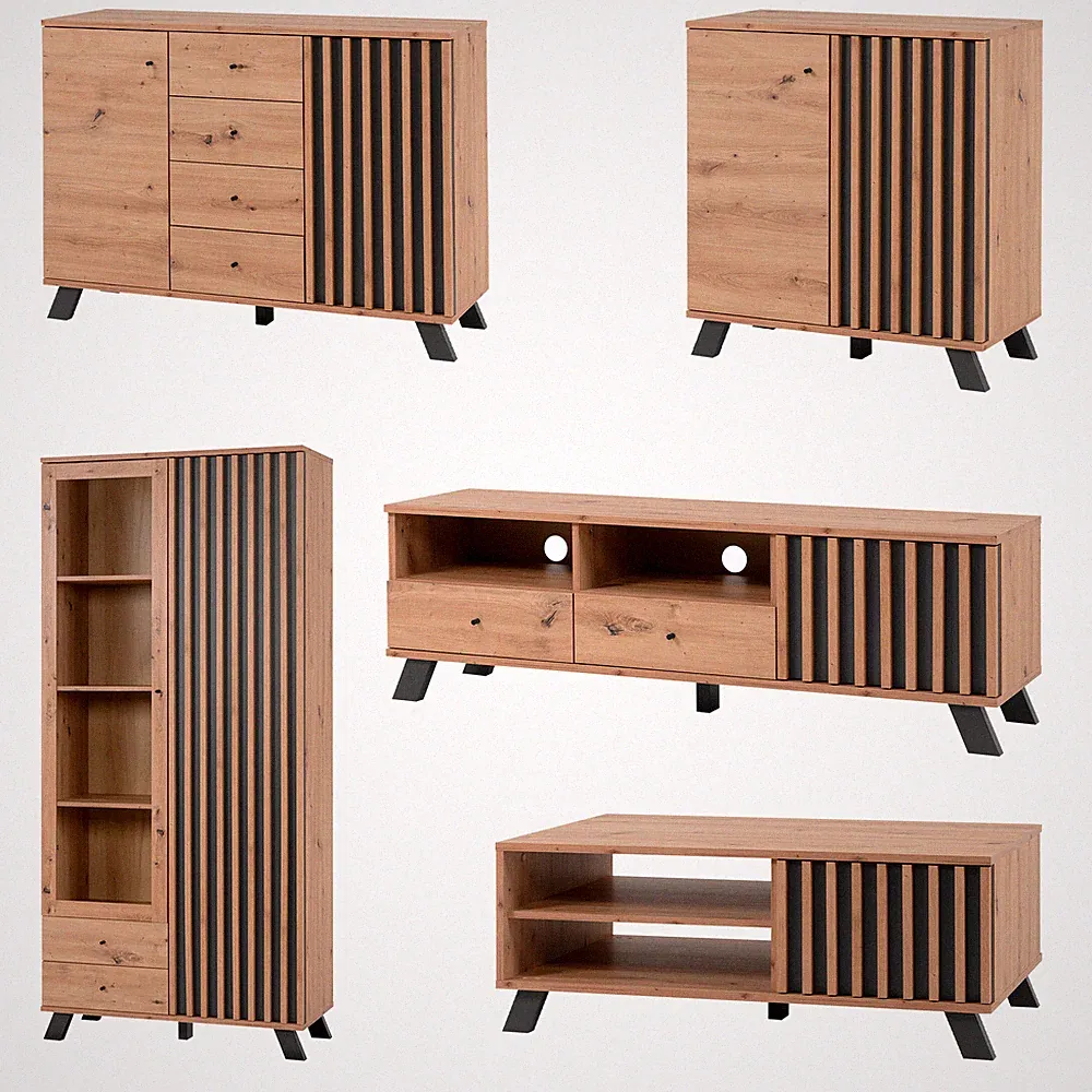 Möbelserie Kommode Lowboard Couchtisch Vitrine Sideboard Holz Modern 3D-Lamellen