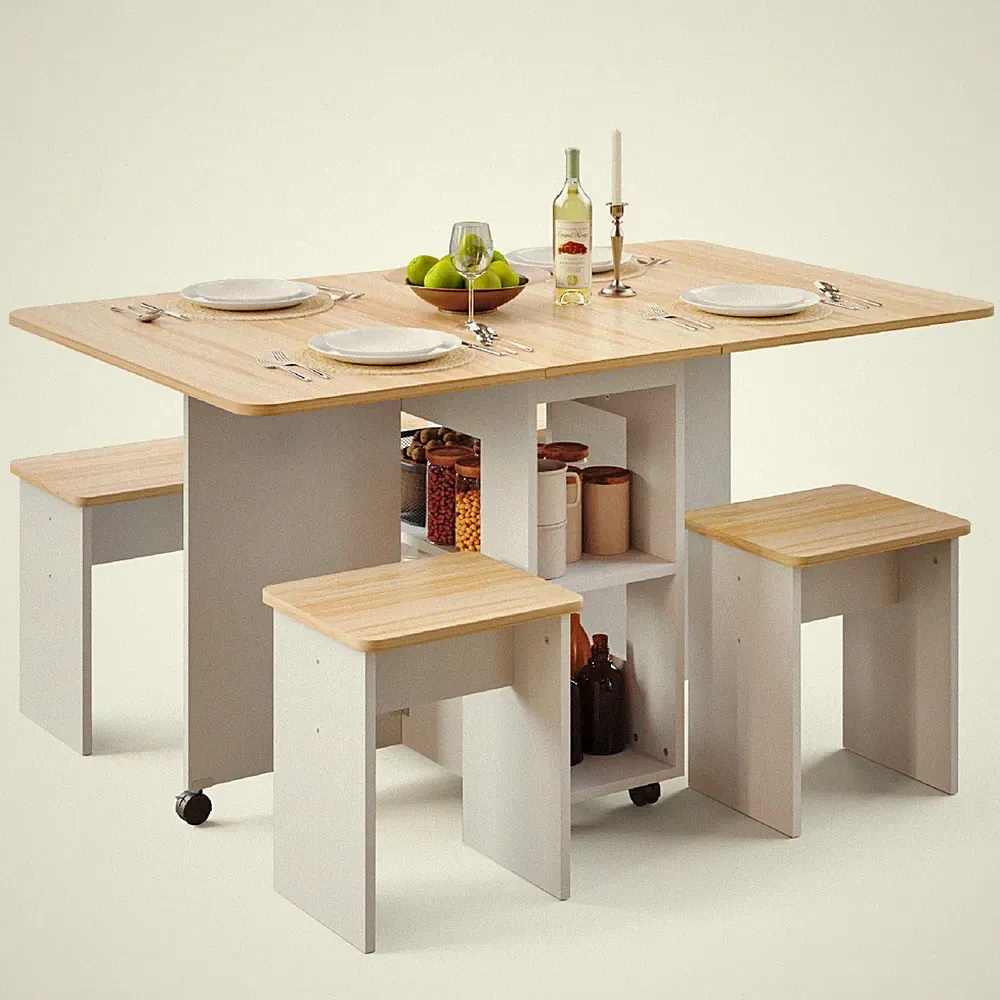 Mondeer Essgruppe Esstisch mit 4 Hockern Platzsparend 3-in-1-Funktion 120x80 cm