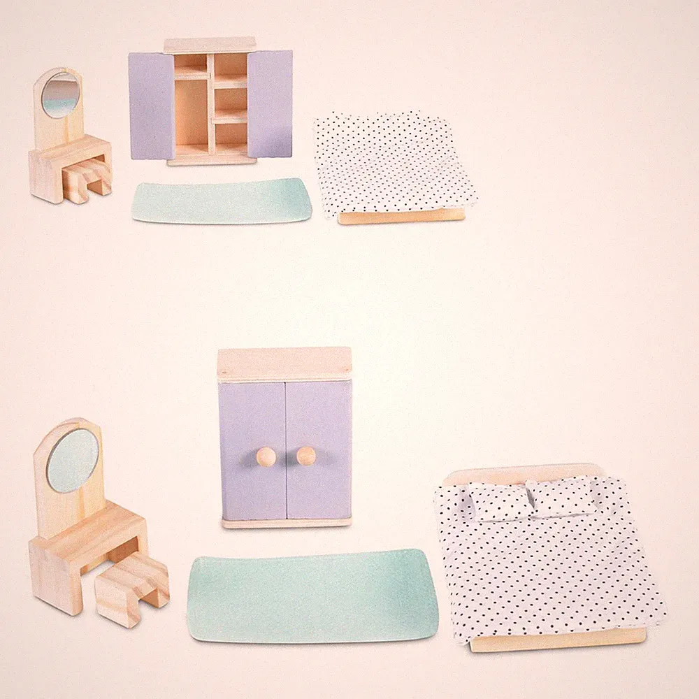Moni Holz-Puppenmöbel Schlafzimmer 4012 Bett Schrank Schminktisch Stuhl Zubehör