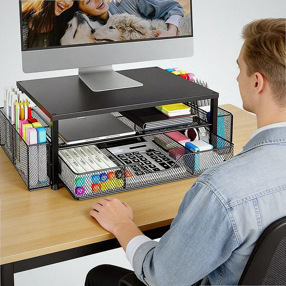 Monitorständer mit Schublade, Schreibtischorganizer 2-stufiger Monitor Erhöhung