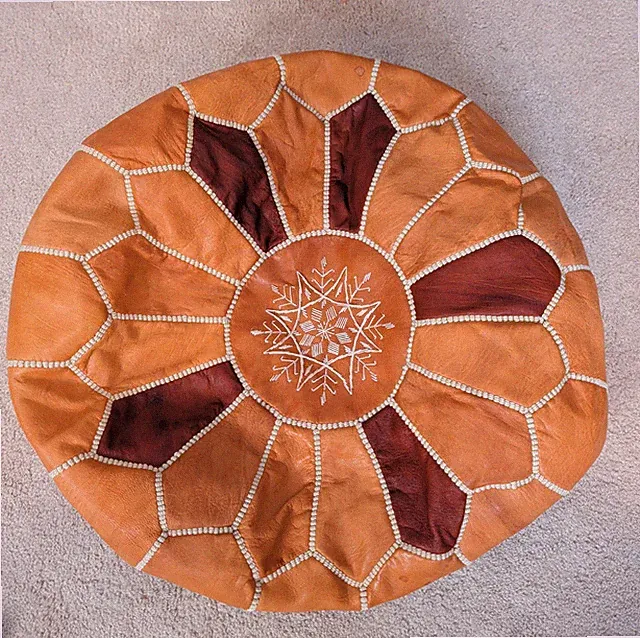 Moroccan Leather Pouf Ottoman Cover Brown Tan Unfilled Footstool Handmade Boho