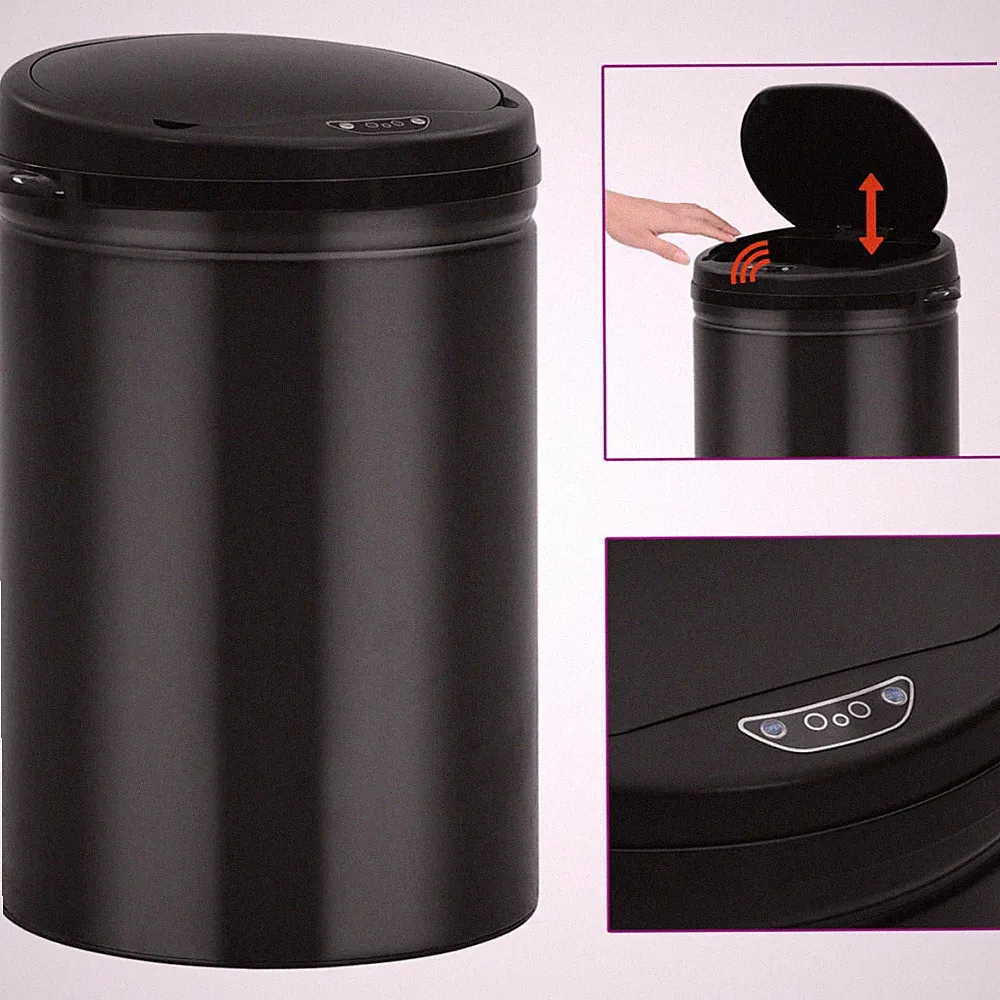 Mülleimer 30L Schwarz Kohlenstoffstahl mit ABS Deckel Sensor Touchless LED Anzeigen Auto.