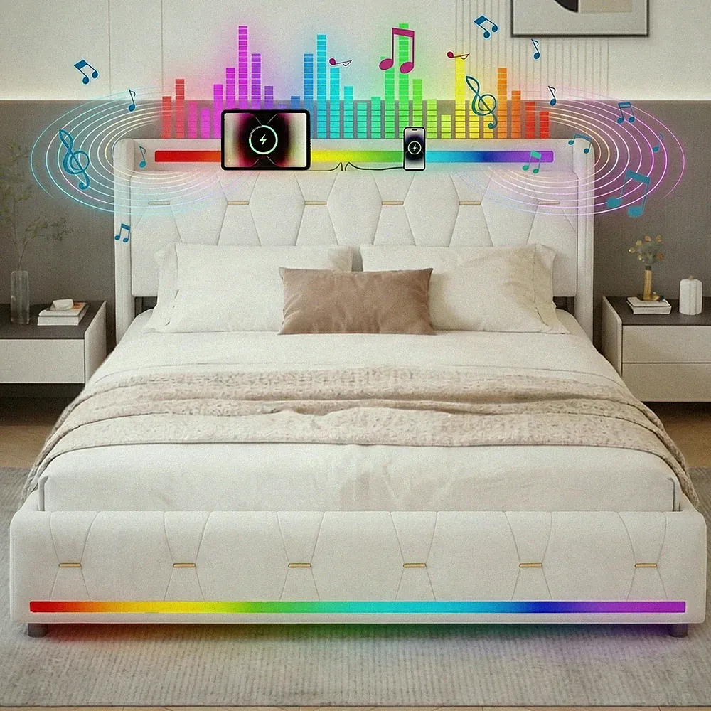 Musik-Takt Bett Velours 140/160×200cm Bluetooth USB LED Stauraum Schwarz Beige