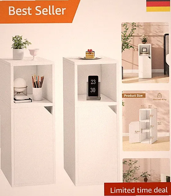 Nachttisch 2er Set mit Tür - Schmaler, Minimalistischer Nachtschrank in Weiß