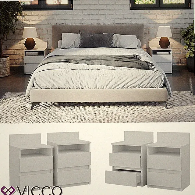 Nachttisch 2er Set Monty, 39,6 x 59,1 cm, Weiß, Bettkommode 2 Schubfächer Vicco