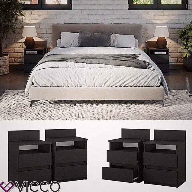 Nachttisch 2er Set Monty, 39 x 59 cm, Schwarz, Bettkommode 2 Schubfächer Vicco