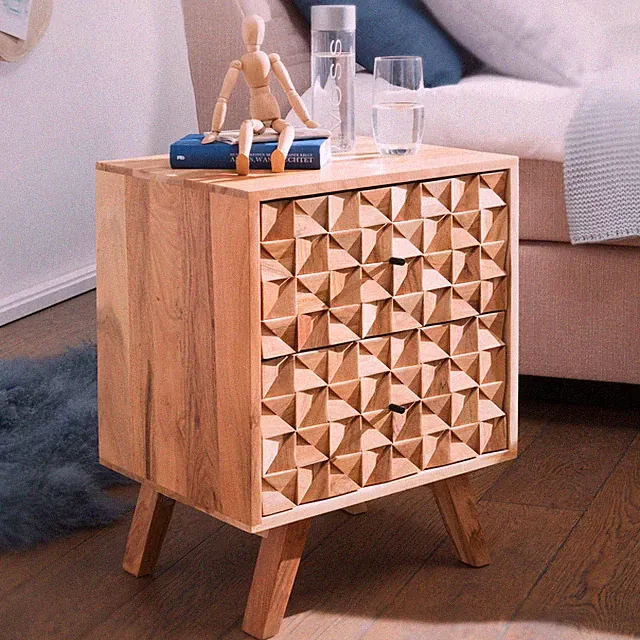 Nachttisch Akazie Massiv Nachtkonsole Boxspringbett Nachtkästchen 2 Schubladen