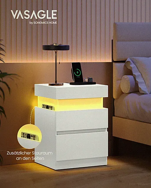 Nachttisch, Beistelltisch mit Ladestation, Nachttisch mit Beleuchtung