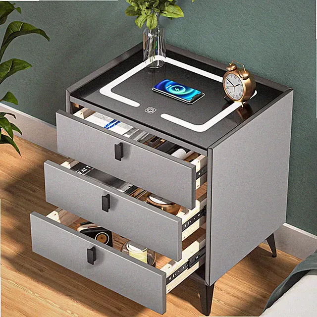 Nachttisch LED Hochglanz Beistellkommode mit 3 Schubladen Nachtschrank Grau USB