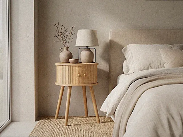 Nachttisch mit geriffelten Fronten, Eiche im Boho-Stil, Holzbeine
