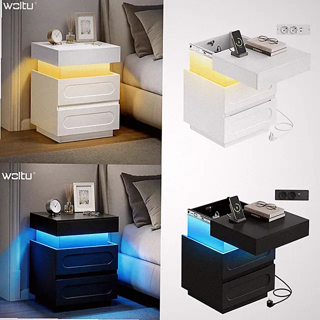 Nachttisch mit Ladefunktion LED-Beleuchtung 2 Schubladen Nachtschrank Modern DE