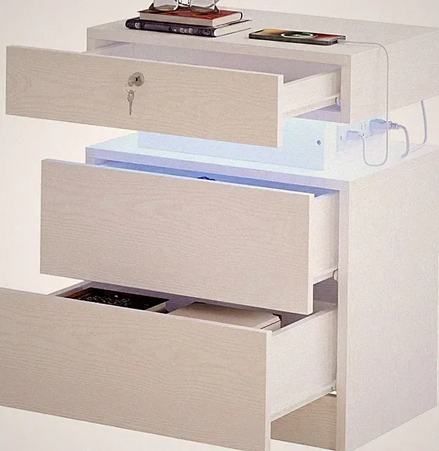 Nachttisch mit LED-Beleuchtung 3 Schubladen USB Typ-C Schloss Weiß