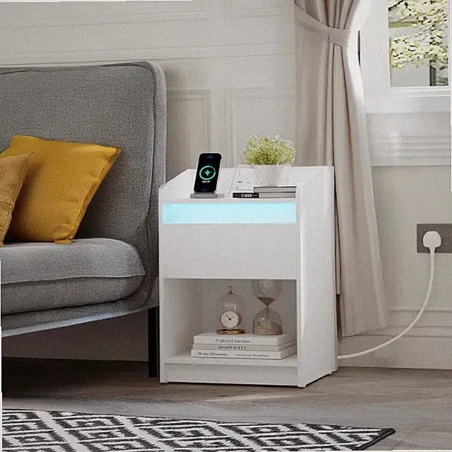 Nachttisch mit LED & Steckdose USB Ladestation Schublade Weiß Beistelltisch