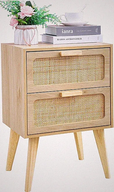 Nachttisch Rattan Boho Rattan-Nachttisch mit 2 Schubladen, Holz Beistelltisch