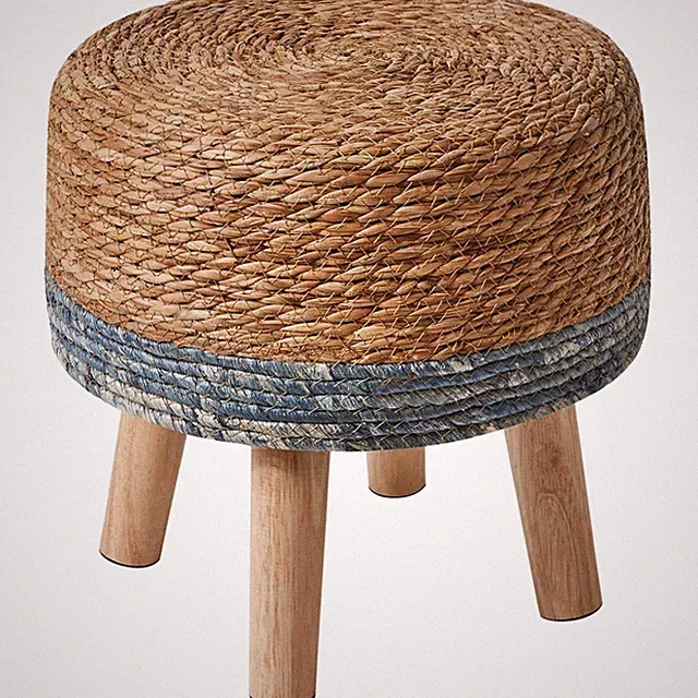 Natürliches Seegras Hocker mit Pinienbeinen, Handgefertigt, Landhausstil, Blau