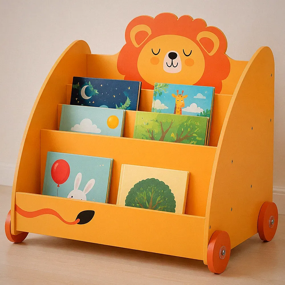 Navaris Kinder Bücherregal Löwe 3 Fächer Rollen 60x58x40cm Montessori Orange MDF