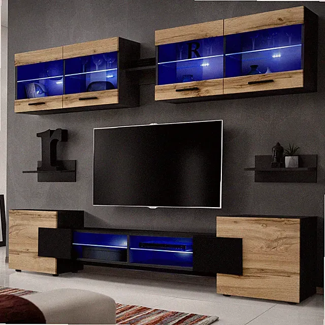 NEU Foggia TV Wohnwand Wohnzimmerset, Eiche Weiß Schwarz, LED Beleuchtung