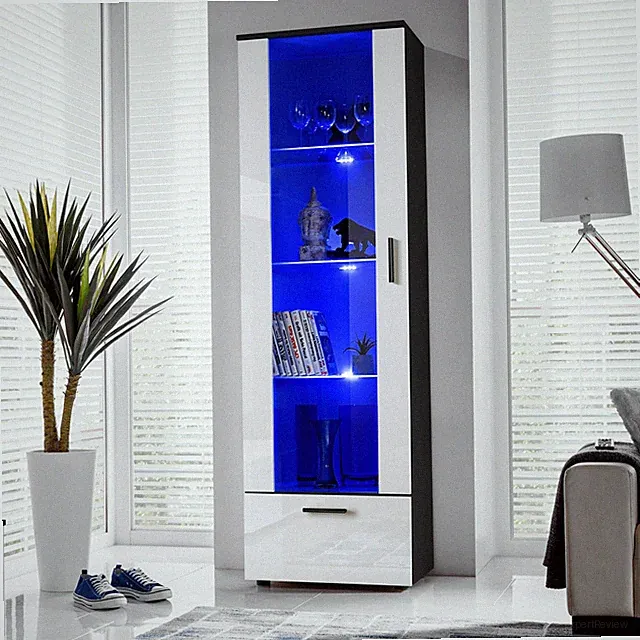 NEU komodee Alessandria Vitrineschrank Eiche Weiß Schwarz Glas LED Regal