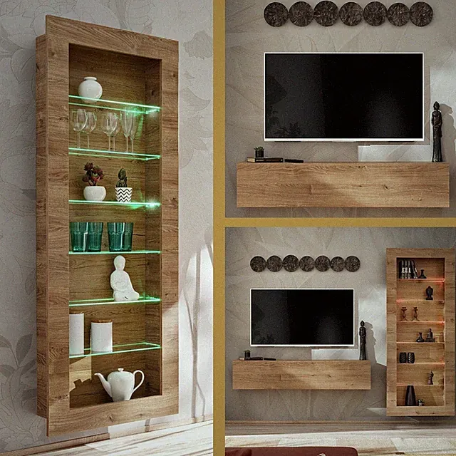 NEU komodee Como TV Wohnwand Wohnzimmerset, Eiche, Braun, Vitrine Tv-Schrank LED