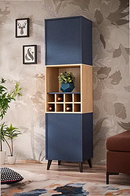 NEU komodee Fondi Vitrineschrank, Blau Holz Tür Regal Weinregal 4 Regale