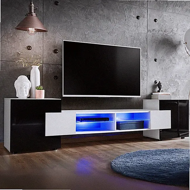 NEU komodee Merano TV Schrank Lowboard, Eiche Weiß Schwarz, Glas 2 Tür Beine LED