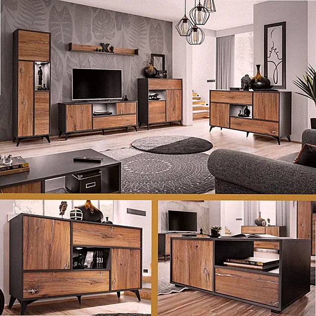 NEU komodee Orvieto TV Wohnzimmermöbel Eiche Schwarz Vitrine Regal Sideboard LED