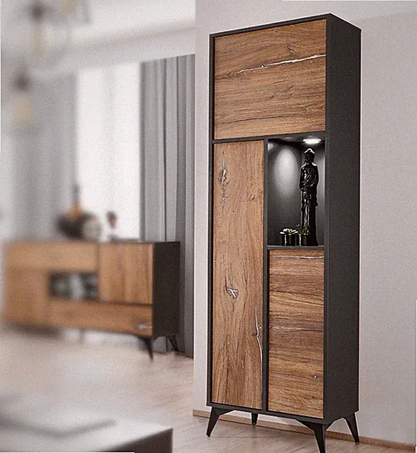 NEU komodee Orvieto Vitrineschrank, Eiche Schwarz, 3 Türen Hoch Beinen LED Regal