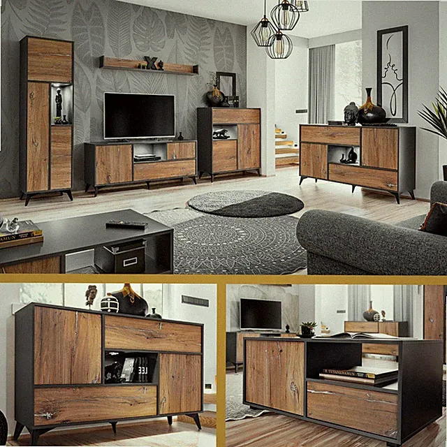 NEU komodee Orvieto Wohnzimmerset, Eiche Schwarz, Vitrine Regal Sideboard, LED