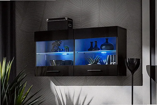 NEU komodee Savona Vitrineschrank, Hängend, Eiche Weiß Schwarz Glas LED Regal
