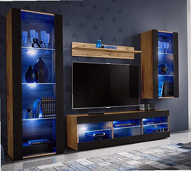 NEU komodee Tivoli Medio TV Wohnwand Wohnzimmerset, Eiche Weiß Schwarz, LED