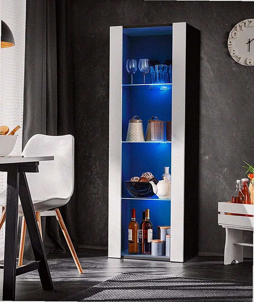NEU komodee Tivoli Vitrine Schrank Eiche Weiß Schwarz, Glasböden LED Beleuchtung