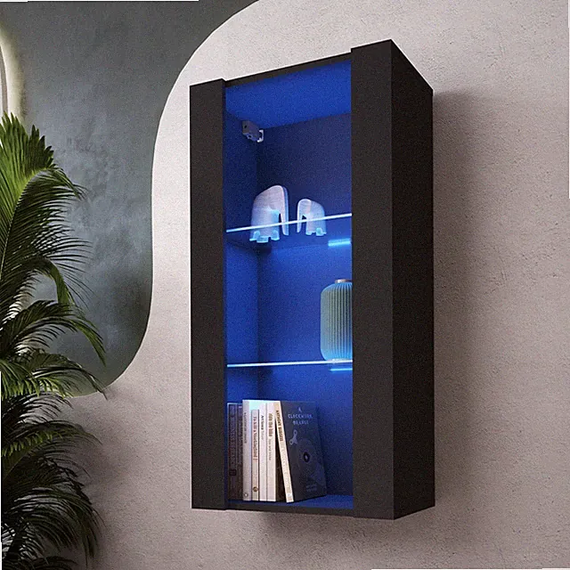 NEU komodee Tivoli Wand Vitrineschrank, Eiche Weiß Schwarz Glasboden LED Option