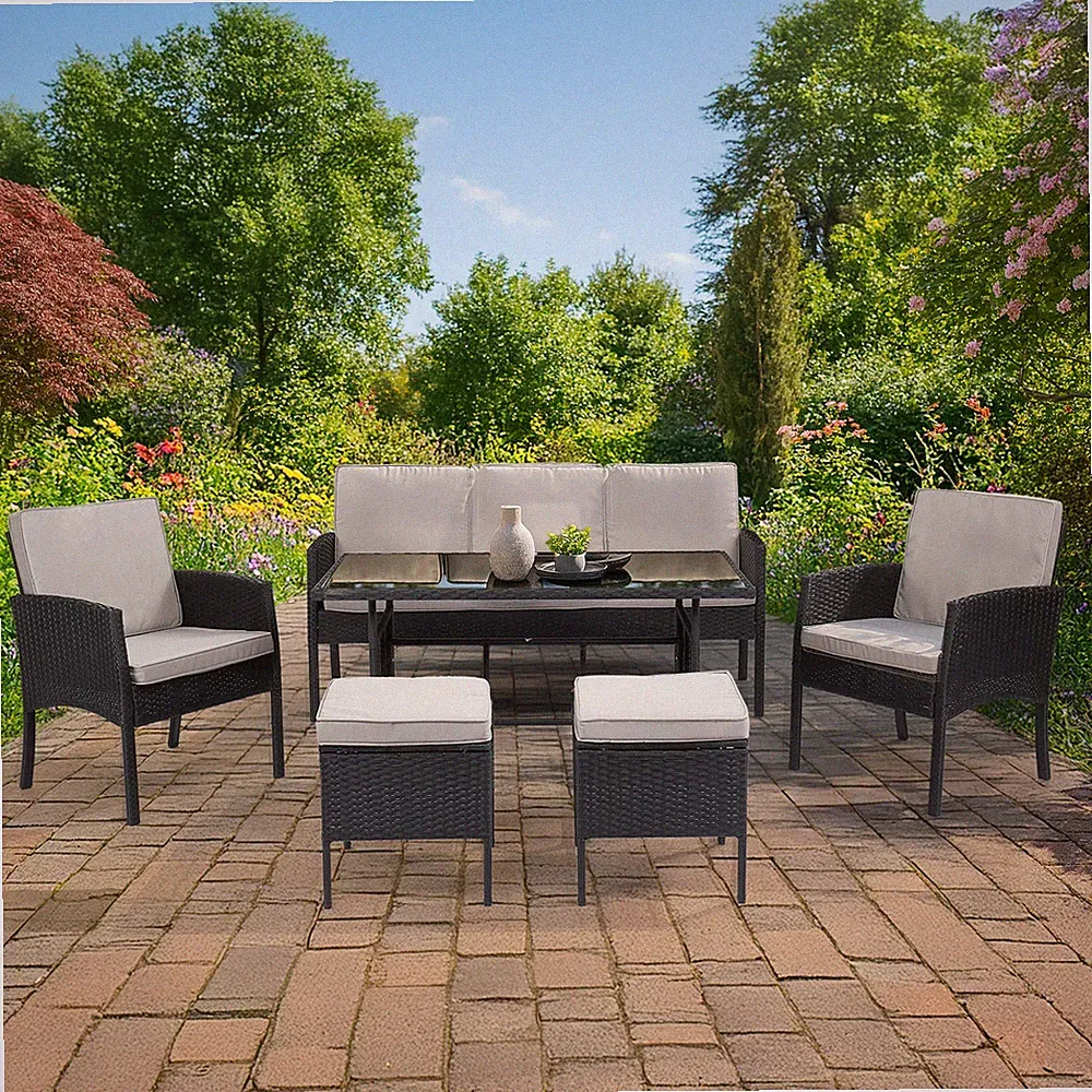 Neu Polyrattan Gartenmöbel Set Essgruppe Lounge Esstisch Schwarz für 7 Personen