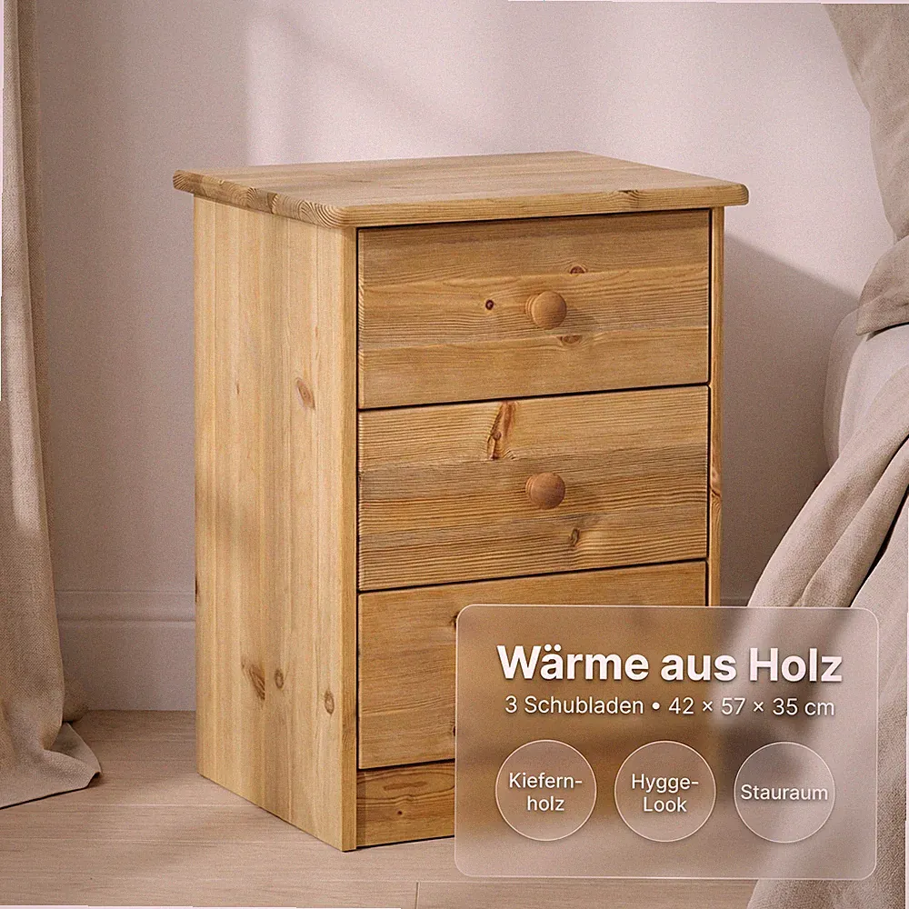 New Nelly Nachtkonsole Nachttisch Kiefer massiv 3 Schubladen natur 42x57x35 cm