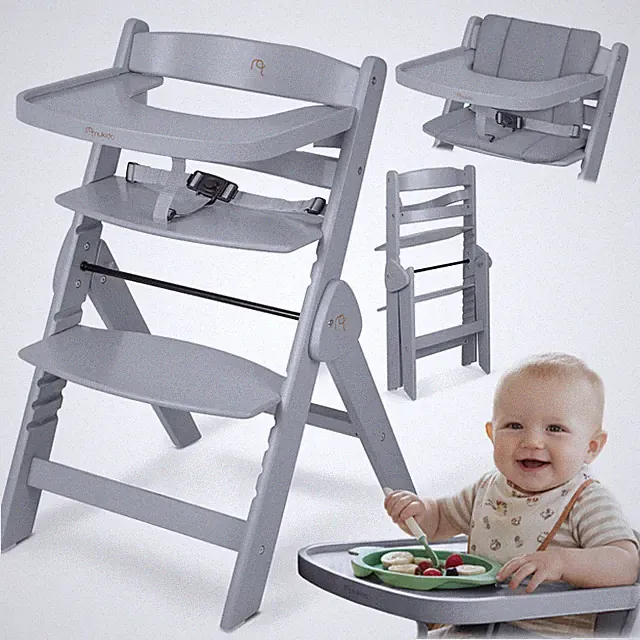 NUKIDO höhenverstellbarer Hochstuhl Babystuhl aus Holz Sicherheitsgurt klappbar