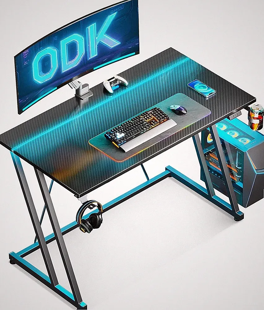 ODK 100 × 50 cm Gaming Tisch mit LED, Gaming Schreibtisch, Becherhalter, Schwarz