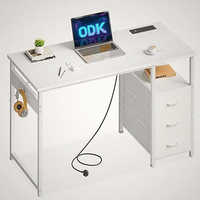 ODK 100cm Bürotisch mit Schubladen, Computer 2 100×48cm, weiß