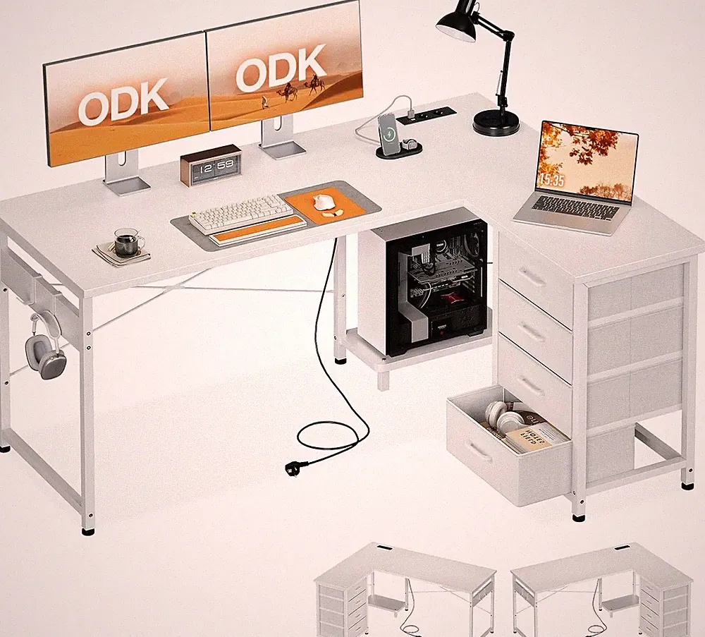 ODK Eckschreibtisch 135x100 cm L-Form mit 4 Schubladen Steckdose USB Bianco Holz