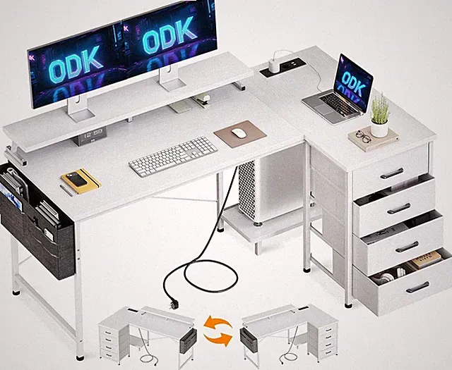 ODK Eckschreibtisch 4 Stoffschubladen USB Steckdose L Form 1