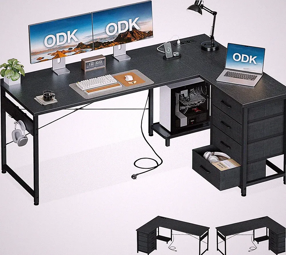 ODK Eckschreibtisch Mit 4 Schubladen, 155×110 Cm Schreibtisch L Form Mit Steckdo