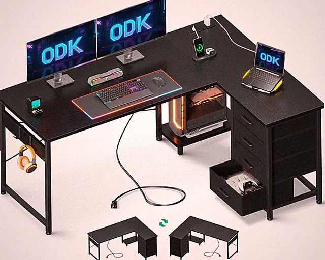ODK Eckschreibtisch mit Schubladen L-Form Computertisch 135 x 100 cm schwarz