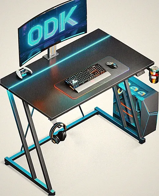 ODK Gaming Schreibtisch mit LED Beleuchtung, Gaming Tisch mit Getränkehalter und Kopfhörer H...