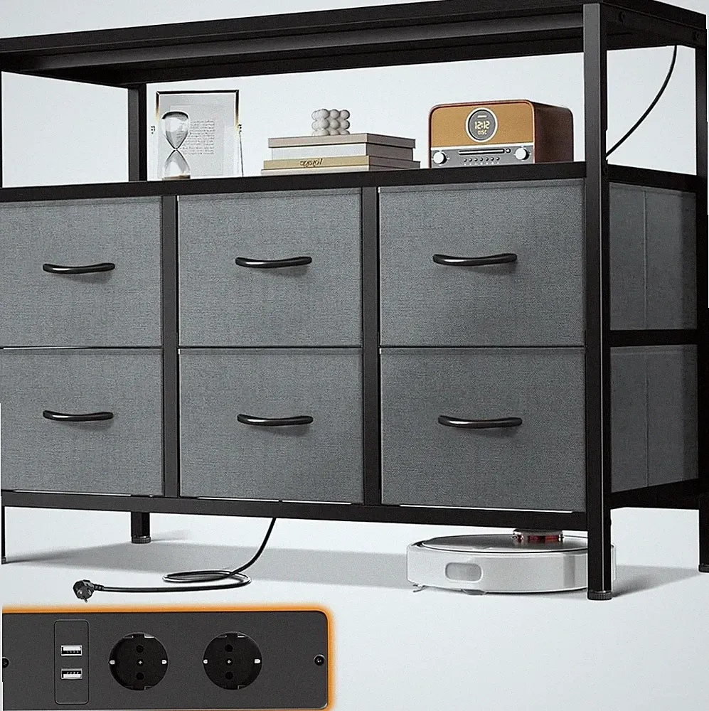 ODK Kommode, 2 Steckdosen & 2 USB, 6 Großen Stoffschubladen, 100 x 30 x 85.2cm