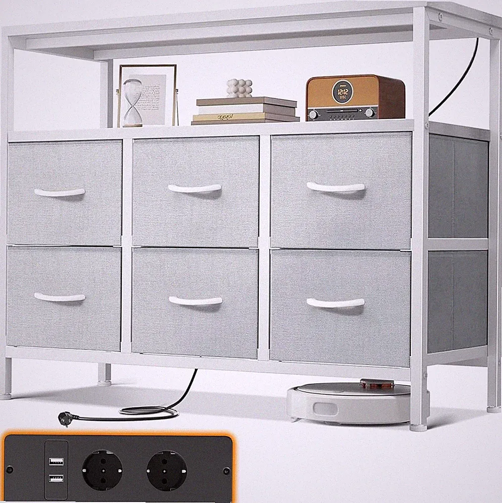 ODK Kommode, 2 Steckdosen & 2 USB, 6 Stoffschubladen, 100 x 30 x 85.2cm, weiß