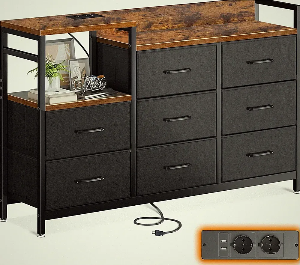 ODK Kommode, 2 USB & 2 AC-Anschlüssen, 8 Schubladen, 132 x 30 x 88 cm, schwarz