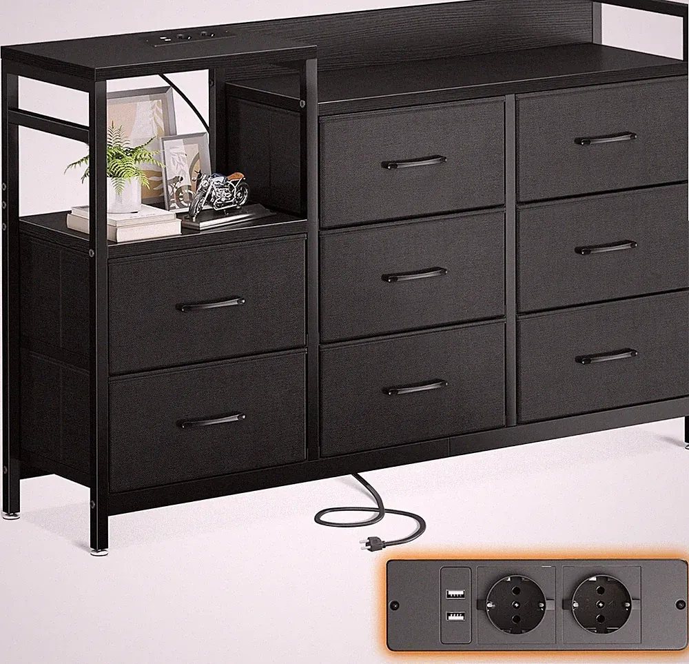 ODK Kommode, 2 USB & 2 AC-Anschlüssen, 8 Schubladen, 132 x 30 x 88 cm, schwarz