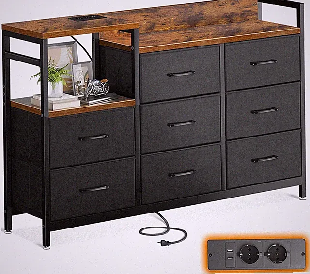 ODK Kommode 8 Schubladen mit USB Steckdose 132cm Vintage Schwarz