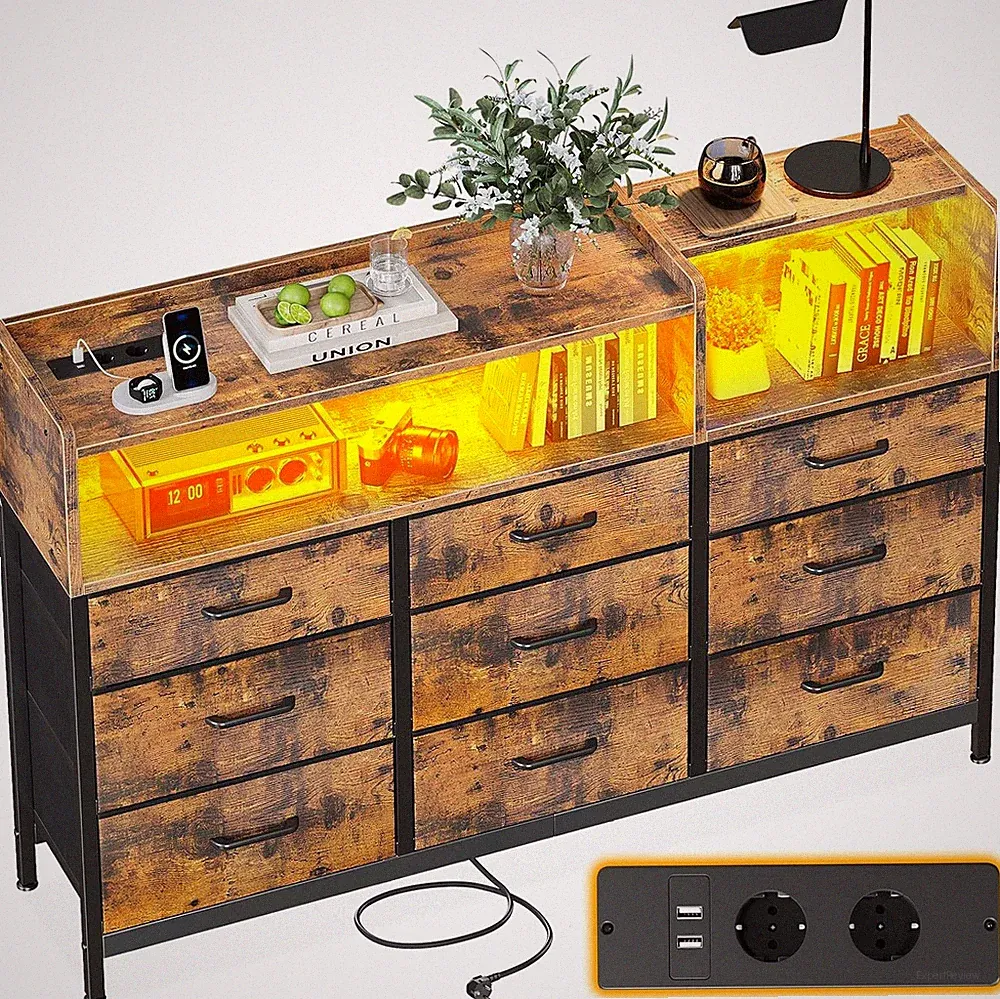 ODK Kommode, Komoden-Schrank, 2 Steckdosen, 2 USB & LED-Streifen, 130x30x97cm