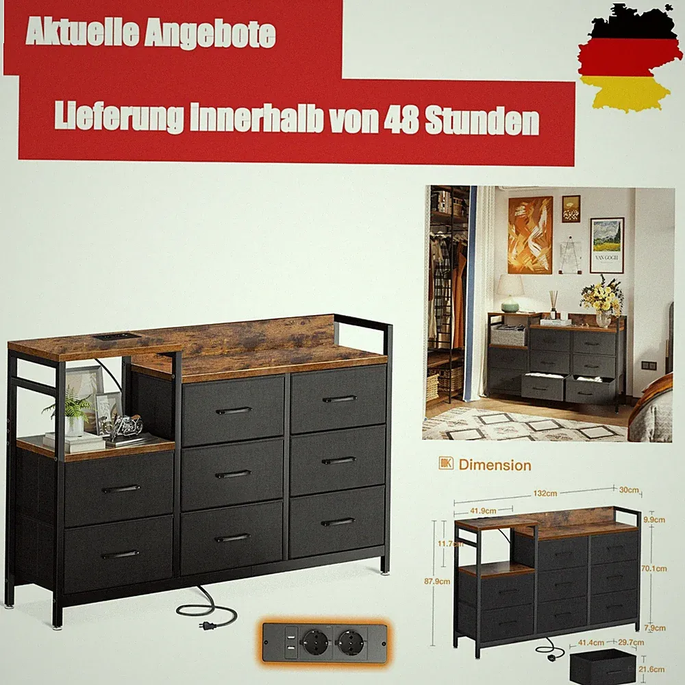 ODK Kommode mit 8 Schubladen, USB & Steckdosen, Vintage, 132 x 30 x 88 cm