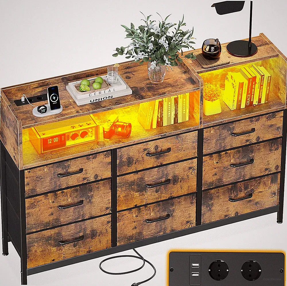 ODK Kommode, Mit LED 2 USB Und 2 Steckdosen, 9 Vintage Stoffschubladen | Kommode